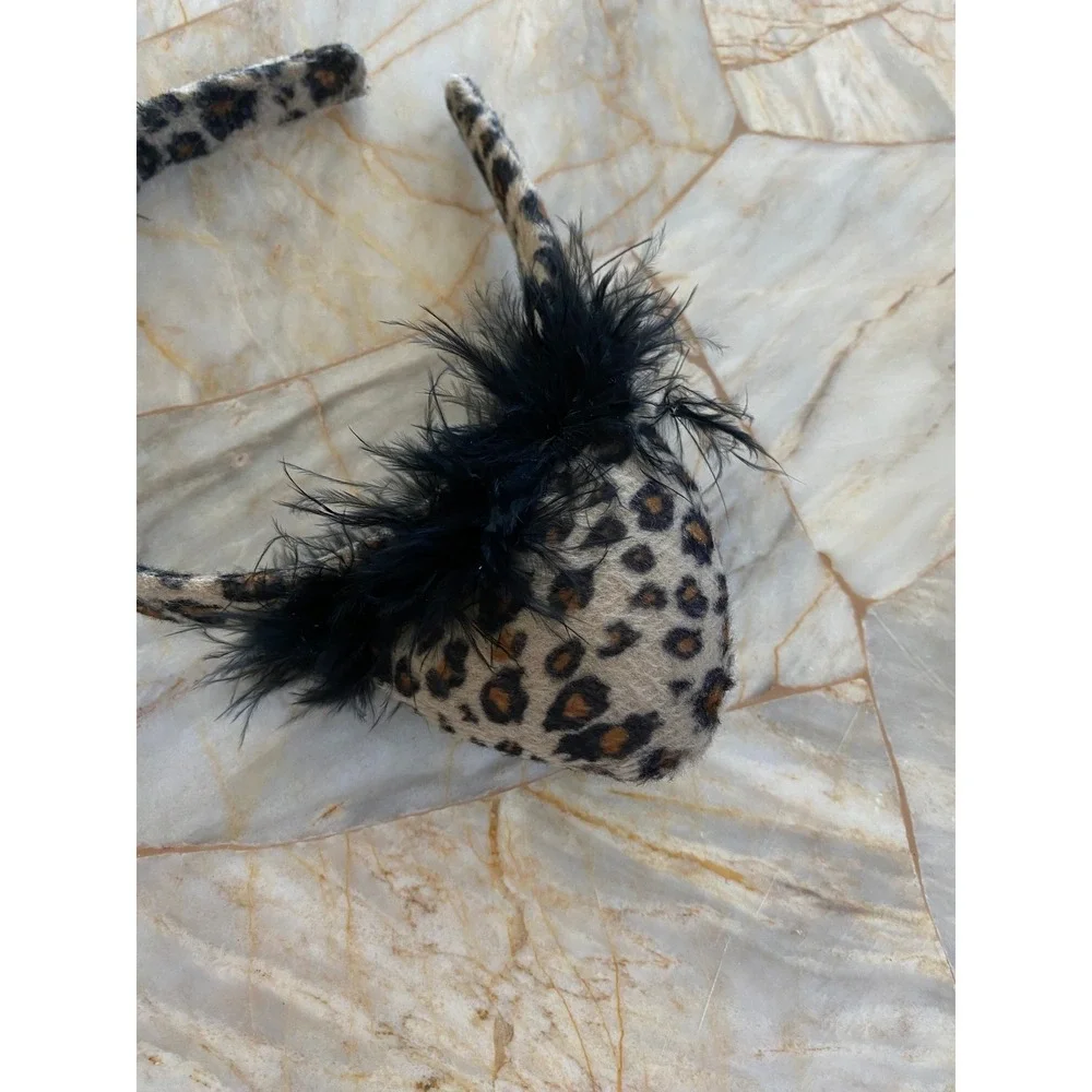 Leopard Print Cat Ear Headband with Black Marabou Feather Trim Costume Accessory